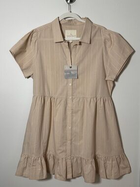 Le Marais Beige Pinstripe Babydoll Mini Dress NWT Size L Collared Button Front